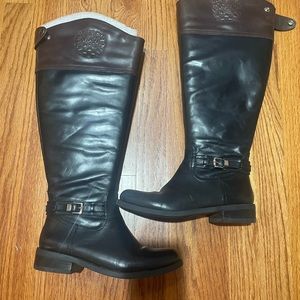 Vince Camuto black and brown leather riding boots, size 5.5, wide calf.